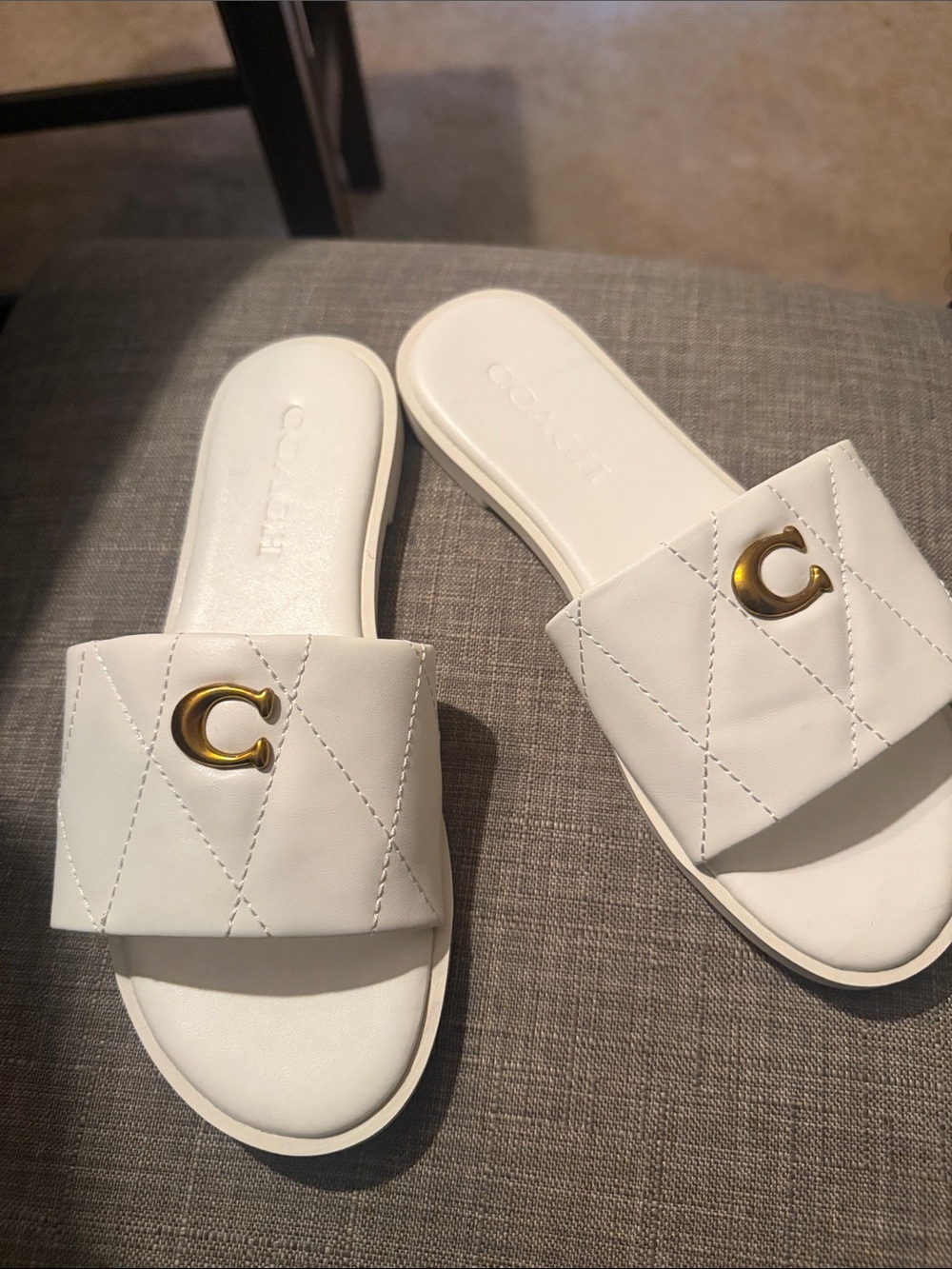 Coach White Quilted Slide Sandals with Gold C Accent